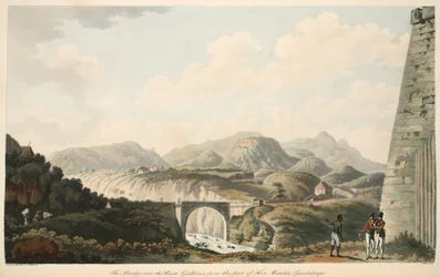 グアダルーペ、フォートマチルダのふもとから見たガリオン川に架かる橋、クーパーウィリアムス牧師による「西インド諸島の作戦の説明」の図、S。アルケンによるリトグラフ、パブ。 L